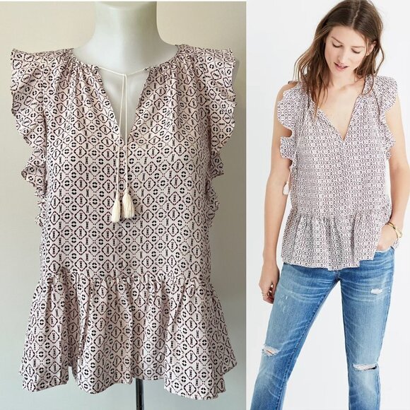 Madewell Blouse Silk Lily Ruffle  Top in Echo Grid Sleeveless Flutter Tassle XXS - Picture 1 of 10